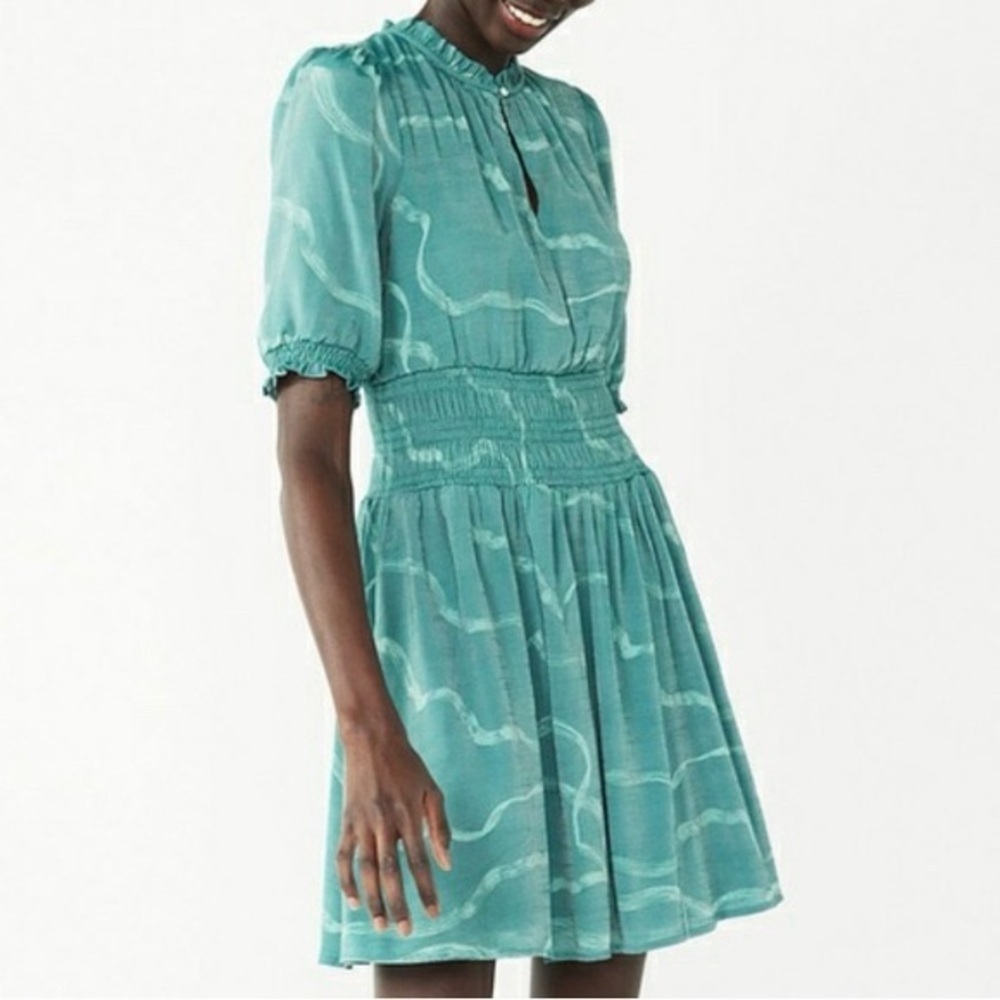 Nine West Teal Wavy Print Smocked Dress Mini Coastal Grandmother Boho Large